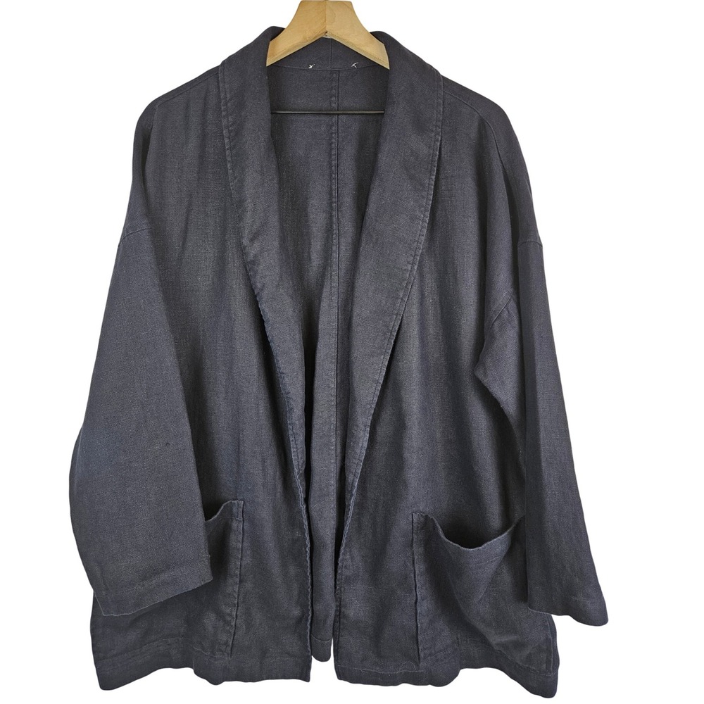 Eileen Fisher Heavy Linen Open Front Blazer Jacket, Navy Blue, size M approx‎